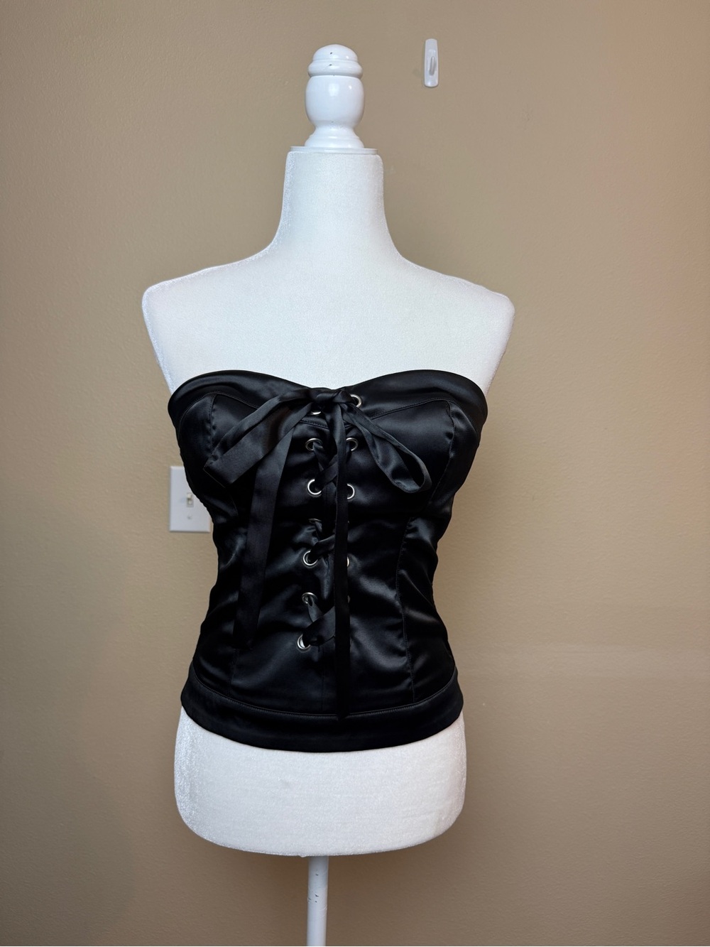 Vintage Y2K Charlotte Russe Black Satin Lace-Up Corset Bustier Top